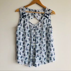 Sheer Blue Pineapple Keyhole Back Top